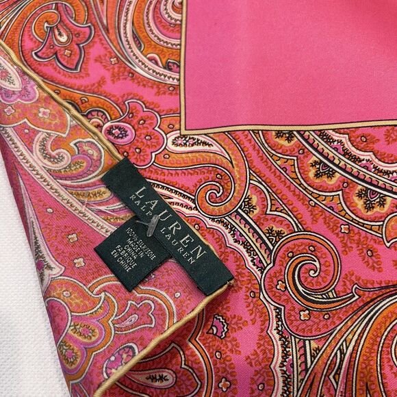 Ralph Lauren Vintage 100% Silk Paisley Scarf 21”x20.5” Pink Multicolor New - Picture 3 of 5